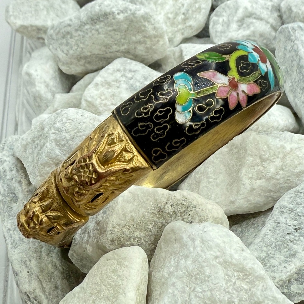 Vintage Cloisonné Twin Dragon Bangle Bracelet Black Enamel Floral 2.5” - Picture 1 of 17